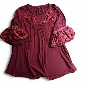 Suzanne Betro Burgundy Babydoll style Blouse with Velvet Floral and Lace detail